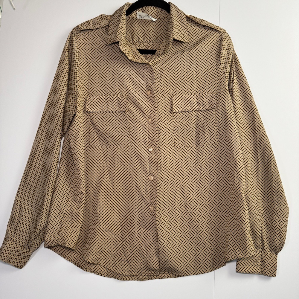 Vintage Shapely 80s Tan Black Geometric Print Button Down Blouse Epaulets 16